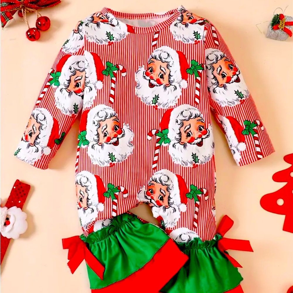 Precious Santa ruffle romper for baby girls